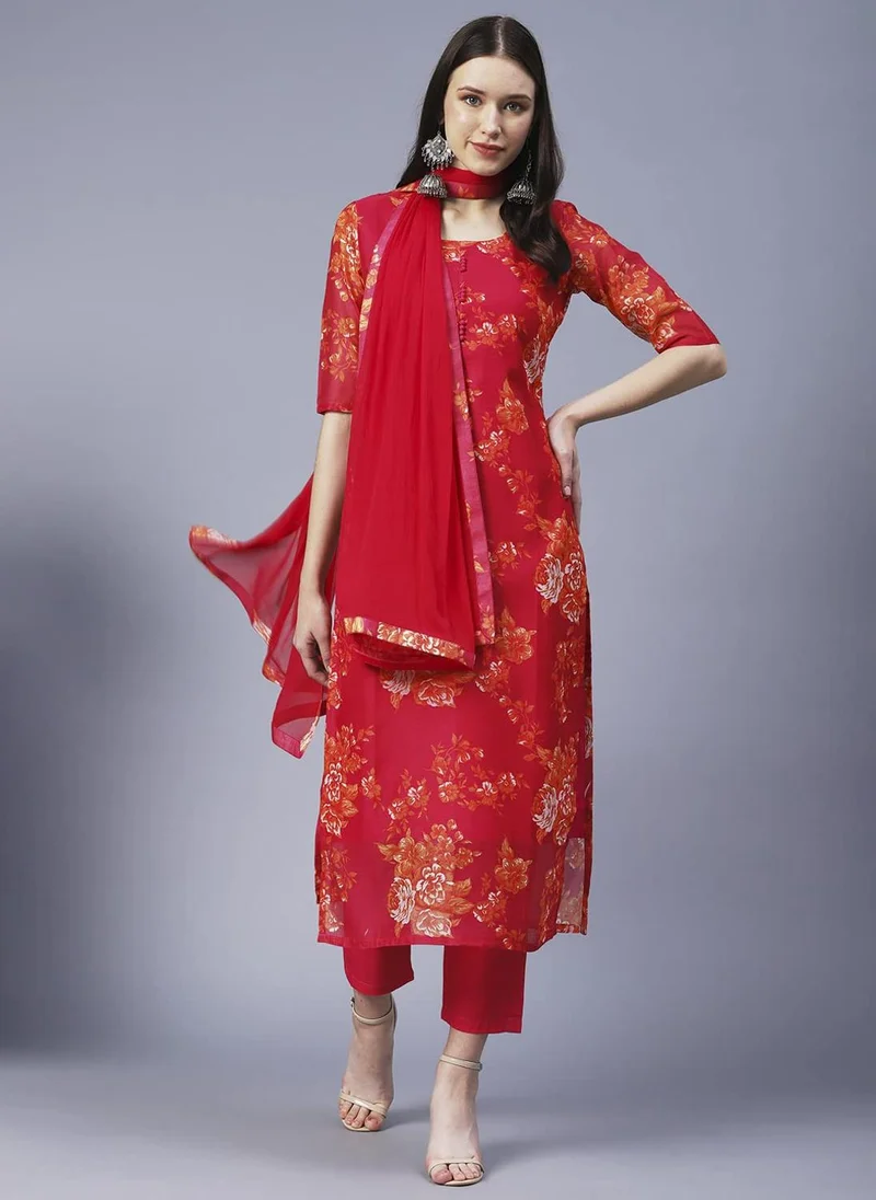 GoSriKi  GoSriKi Women's Chanderi Cotton Printed Straight Kurta with Pant & Dupatta (AUX-ORANGE-GS_4XL_Pink_XXXX-Large) for Women | Best Price UAE